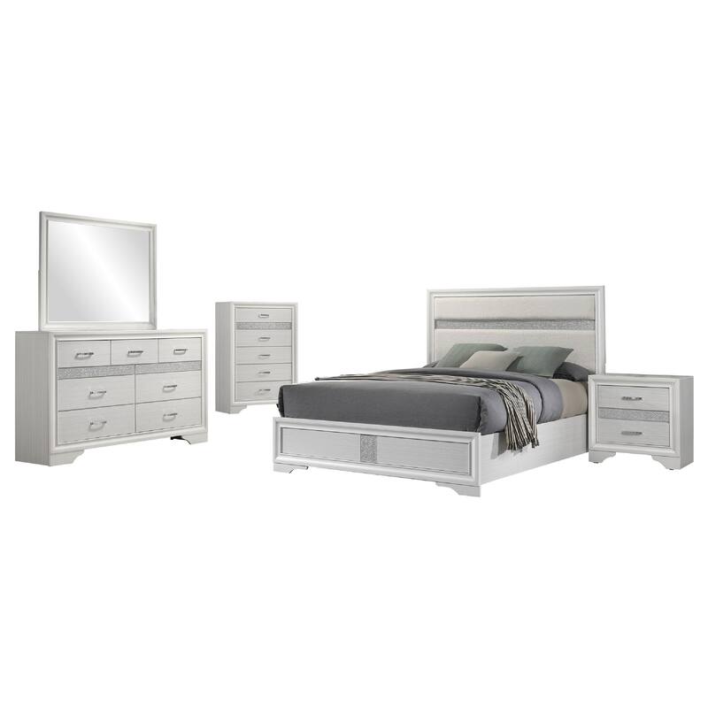 Vino White 5 Piece Queen Bed Set with Dressers, Mirror, Glitter Accent