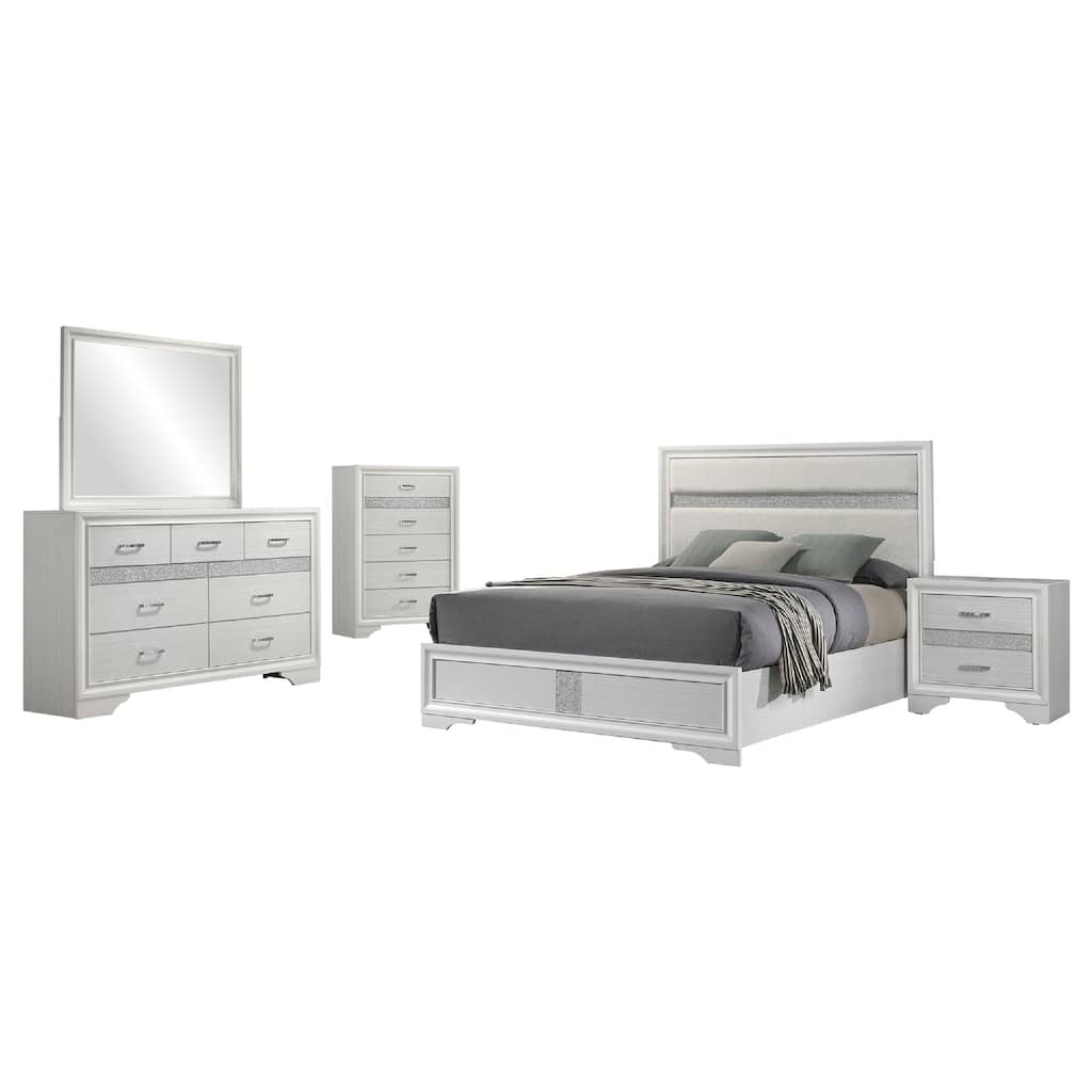 Vino White 5pc California King Bed Set with Dressers, Glitter Accent
