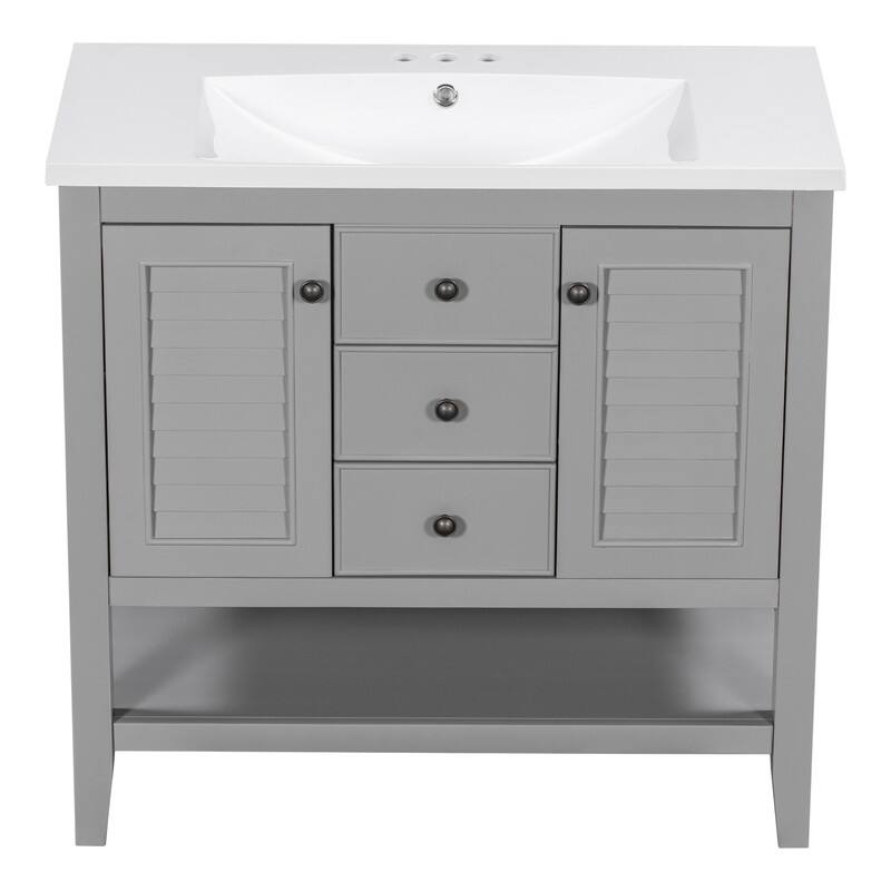 36" Bathroom Vanity with/without Sink, Bathroom Vanity Cabinet with 2 Cabinets and Drawers, Open Shelf, Solid Wood Frame