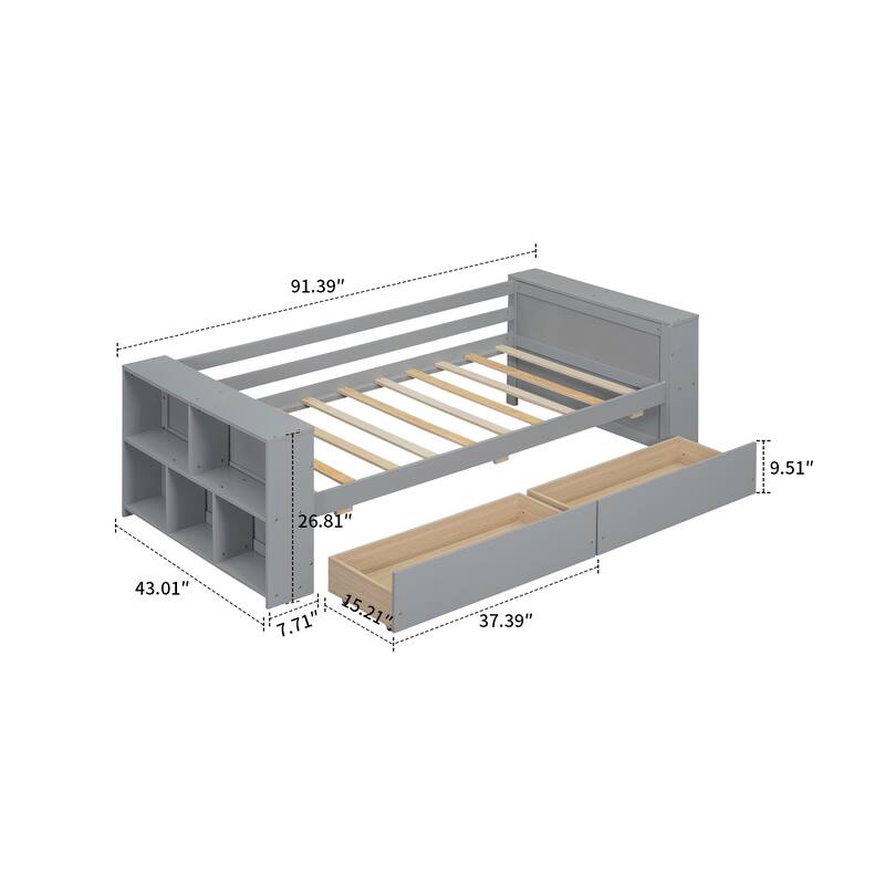 Minimalist Twin Size Wooden Storage Daybed with Bookcases on Both Sides and Two Under-Bed Drawers