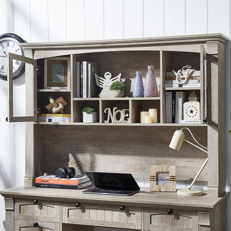 Farmhouse Computer Desk with Hutch, Wood Home Office Desk