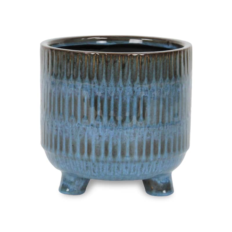 Victrola Raised Round Tri-Band Lined Pattern Ceramic Pot - Blue - Large