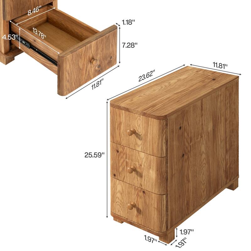 Solid Wood Side Table with 3 Drawers