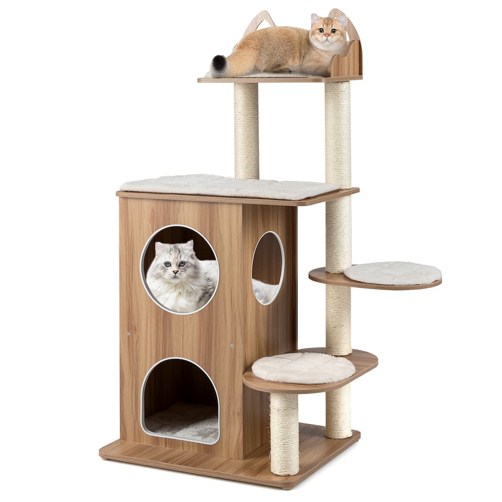 Gymax Wooden Cat Tree 48'' Cat Tower for Indoor Cats w/ 2-floor Condo