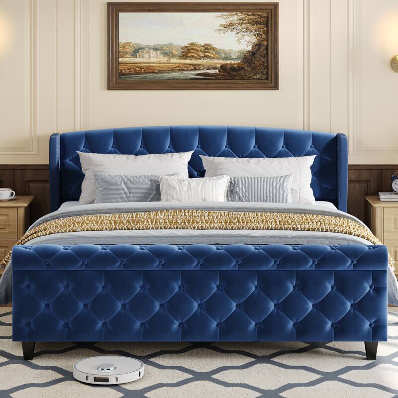 Christopher Knight Home - Amara Traditional Velvet Upholstered Sleigh Bed with Wingback Headboard & Scroll Footboard, Queen Size