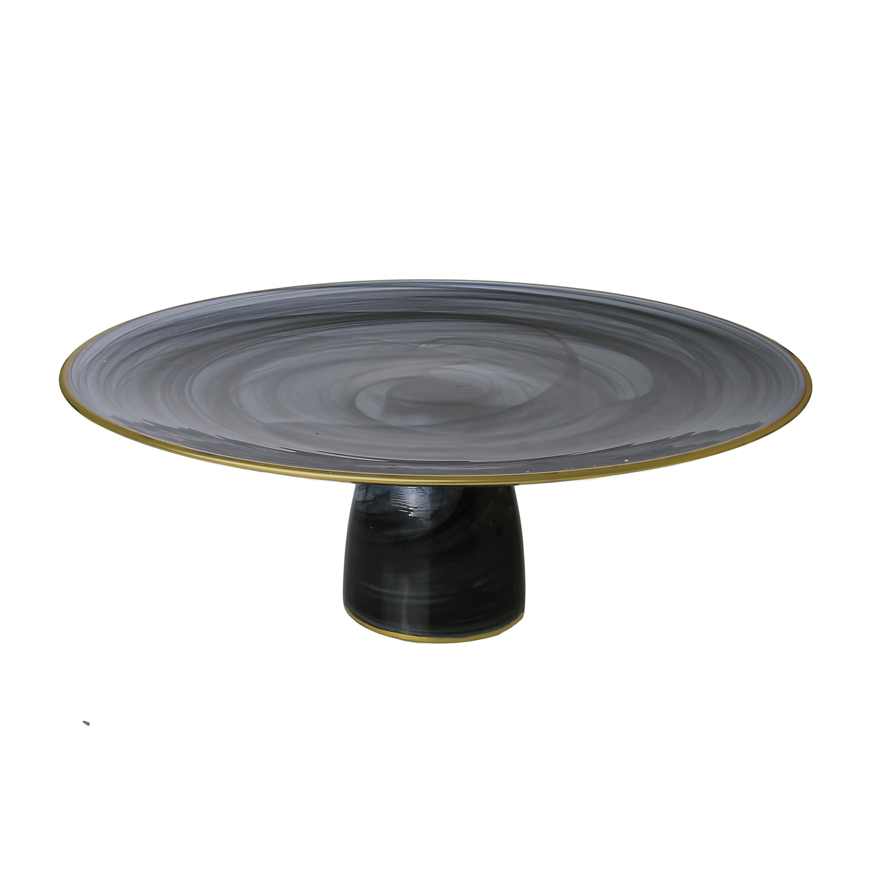 Alice Pazkus Black Alabaster 13" Cake Plate With Stem And Gold Trim