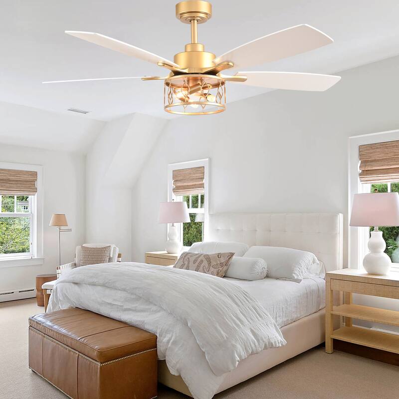 Bella Depot 52" Modern Gold Ceiling Fan with Light and Remote 6-Speed Large Caged Ceiling Fan
