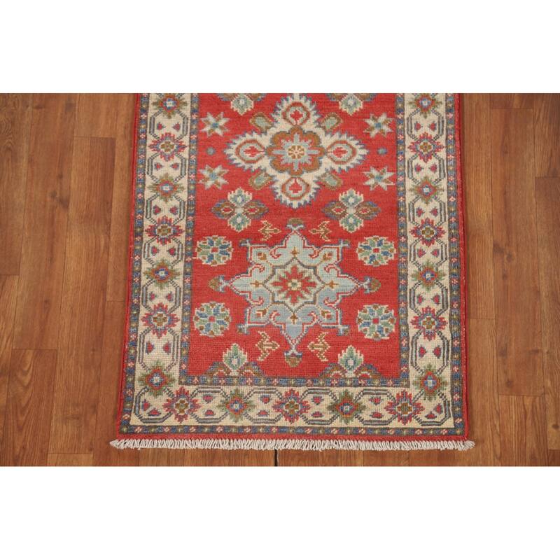Geometric Kazak Runner Rug Hand-Knotted Traditional Red Wool Carpet - 2'1" x 5'10"