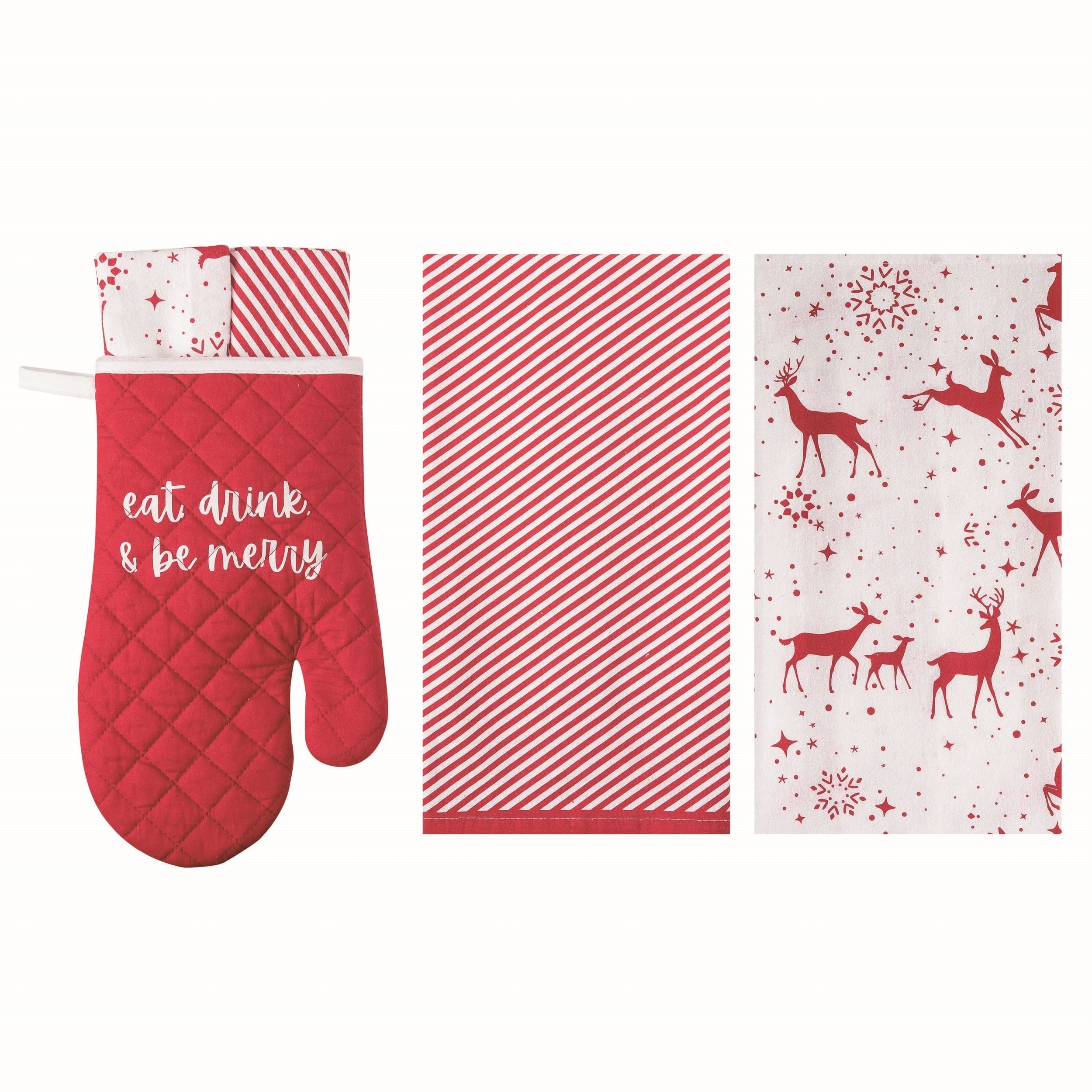 Transpac Cotton 14 in. Multicolor Christmas Be Merry Oven Mitt and Towels Set Set of 3