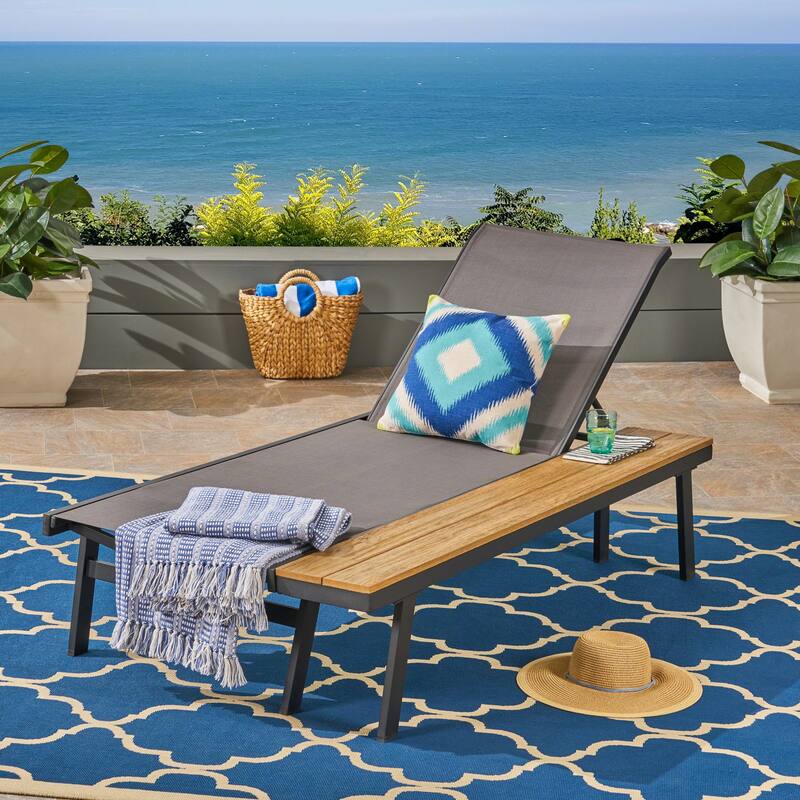 Roomfitters Adjustable Chaise Lounge with Attached Wood Side Table, Stylish Outdoor Seating for Relaxation