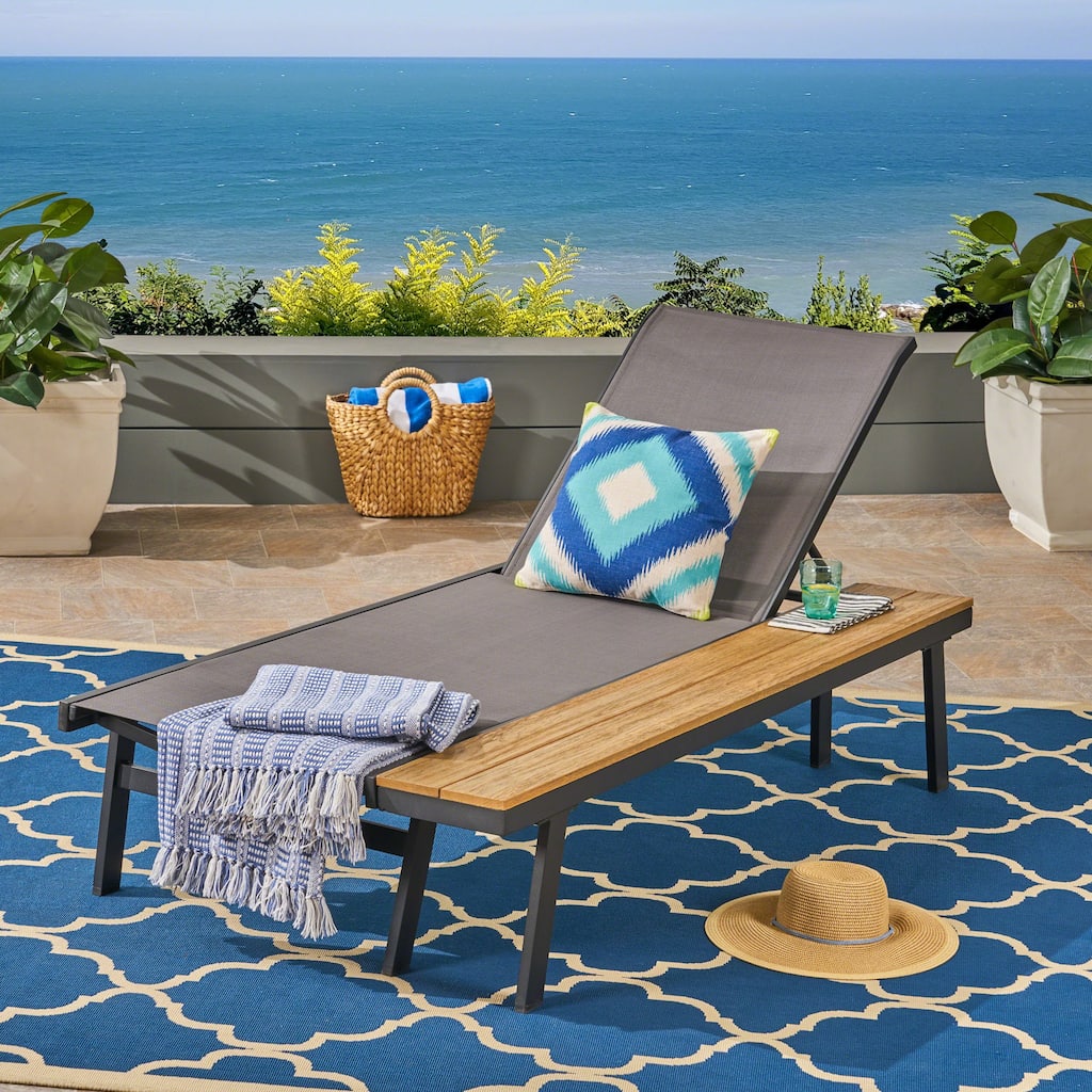 Roomfitters Adjustable Chaise Lounge with Attached Wood Side Table, Stylish Outdoor Seating for Relaxation