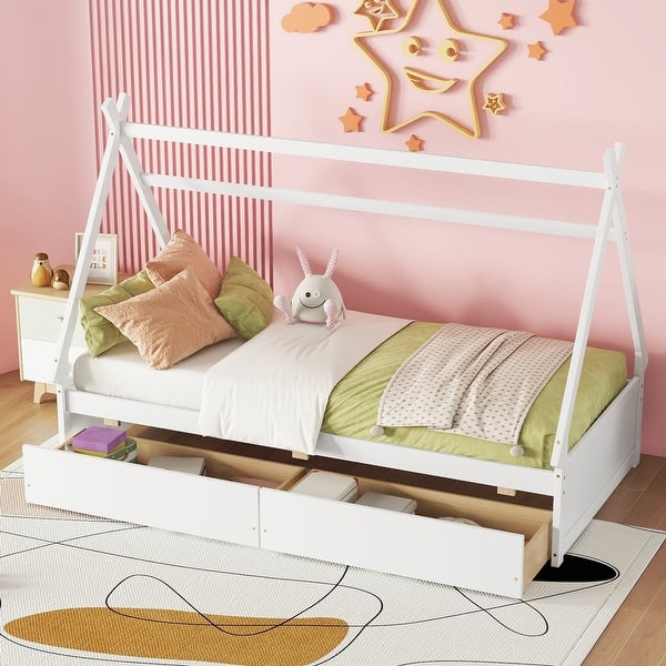 slide 2 of 10, Montessori Style House Tent Bed White Storage Bed Frame with 2 Drawers White - Twin