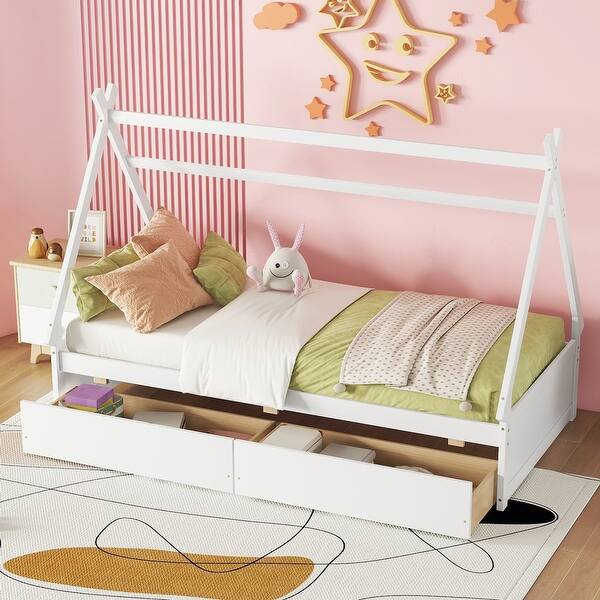 slide 2 of 9, Twin House Platform Bed with 2-Drawers, Headboard & Footboard, Easy Assembly, White White