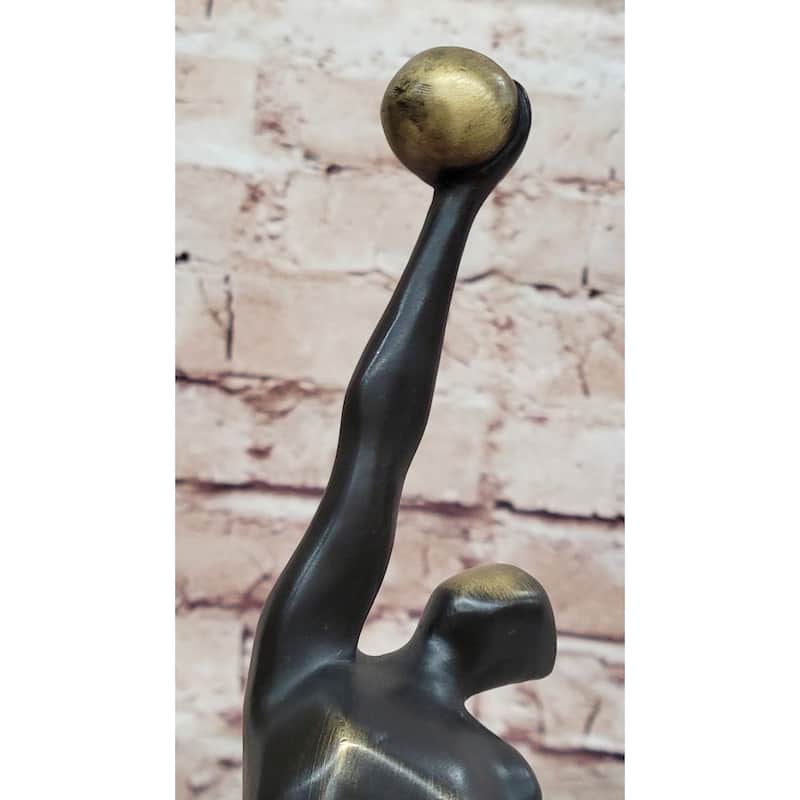 Modern Abstract Bronze Sculpture – Volleyball Athletic Figure With Ball On Marble Base