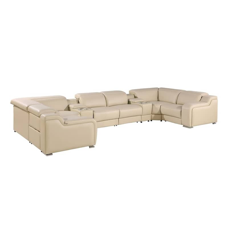 HomeRoots Beige Italian Leather Power Reclining U Shaped Eight Piece Corner Sectional With Console