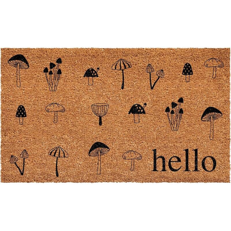 HomeRoots 24" X 36" Brown And Black Mushrooms Hello Outdoor Coir Door Mat - 24.00' X '36.00