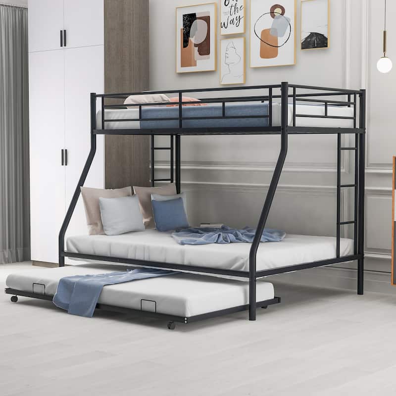 Bed with Sturdy Steel Frame, Bunk Bed with Twin Size Trundle, Two-Side Ladders - Black