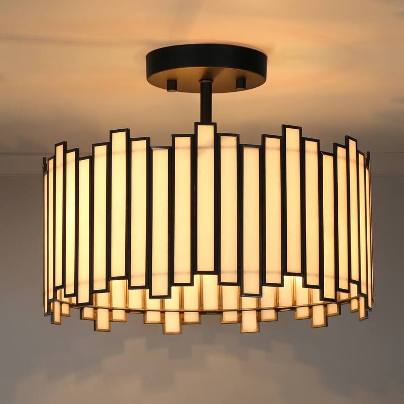Tirie Mid-Century Modern Black 3-Light Colored Glass Drum Semi Flush Mount Ceiling Light - D 14.2" x H 15.3"
