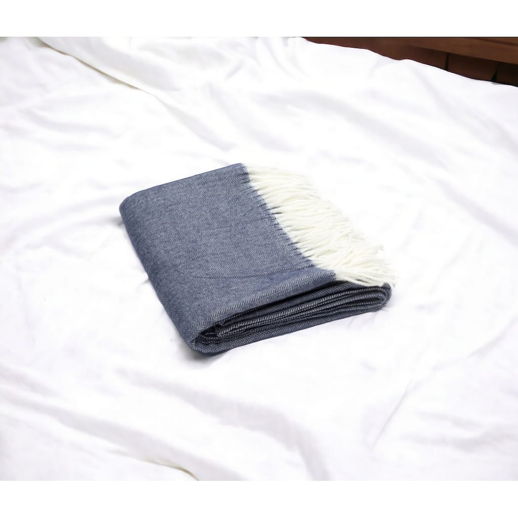 HomeRoots 50" X 60" Navy Blue And White Woven Herringbone Plush Throw Blanket