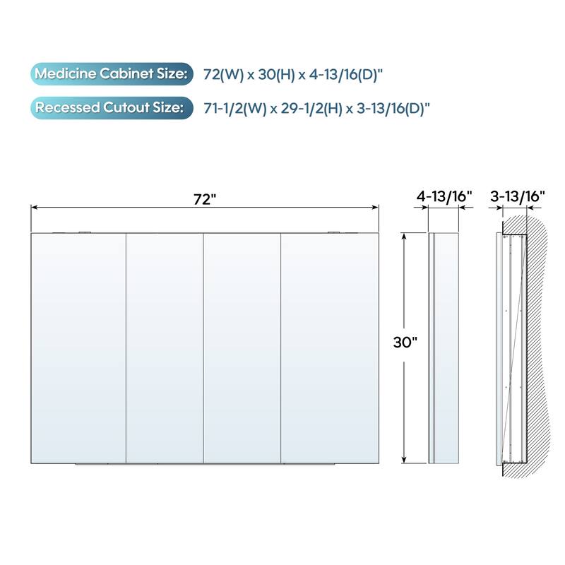 72''/80''W X 30''H Recessed Or Surface Wall Mount Bathroom Medicine Cabinet With Adjustable Glass Shelves