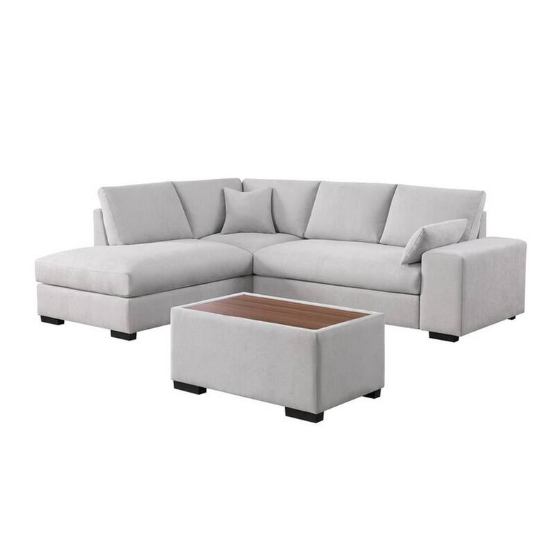 Eri 100 Inch Sectional Sofa, Right Chaise, Ottoman, Pillows, Light Gray