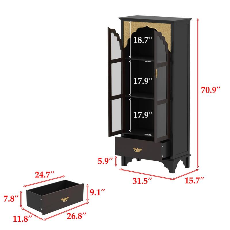 Boho Wood & MDF Display Cabinet with Tempered Glass Doors, Carved Arch Frame & Metal Handle Drawer