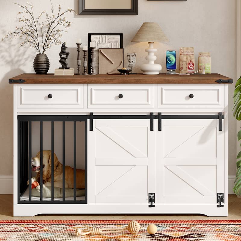 55.1" Dog Crate Furniture, Indoor Dog Kennel with 3 Storage Drawers, Farmhouse Dog Crate