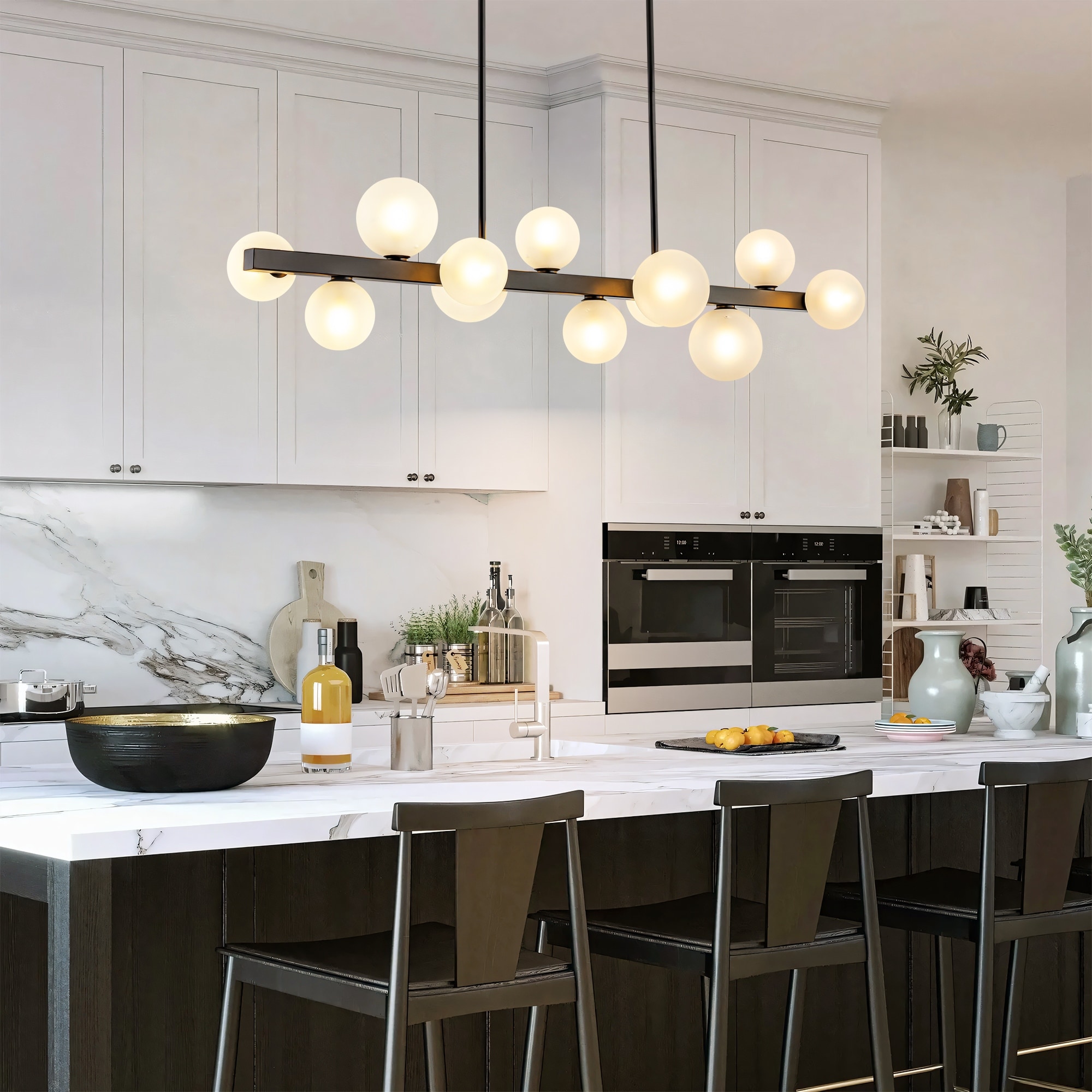 Rennnsan 12-Light Modern Linear Cluster Chandelier with Frosted Glass Globes, Mid-Century Modern Pendant Light