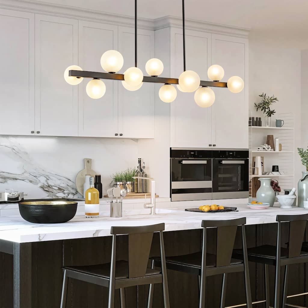 12-Light Modern Linear Cluster Chandelier with Frosted Glass Globes, Mid-Century Modern Pendant Light
