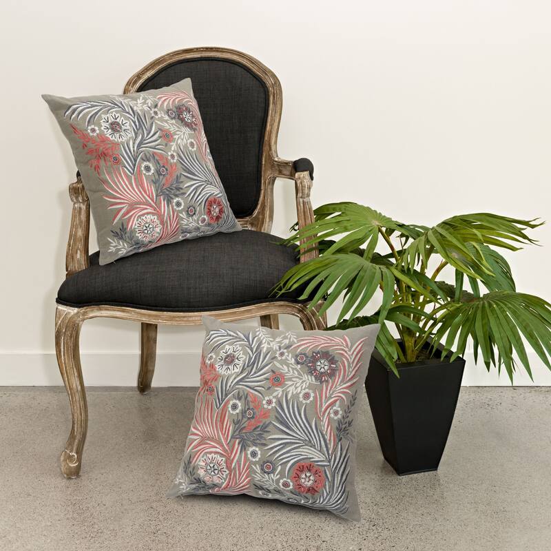 20" Gray and Red Floral Garden Square Throw Pillow