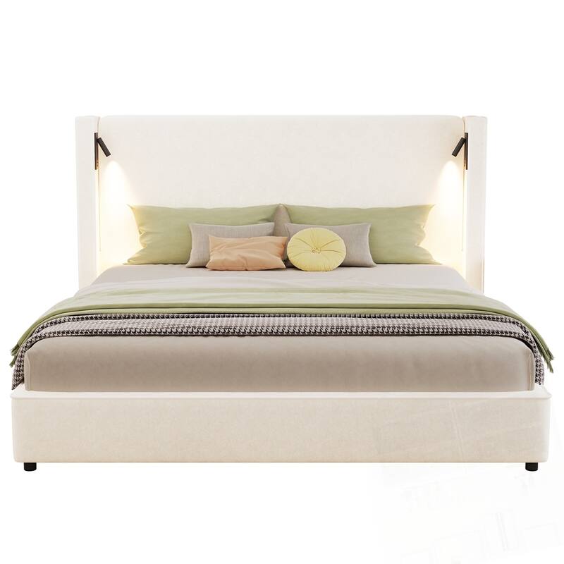 Upholstered Bed Frame with High Wingback Headboard Reading Lamp and USB port