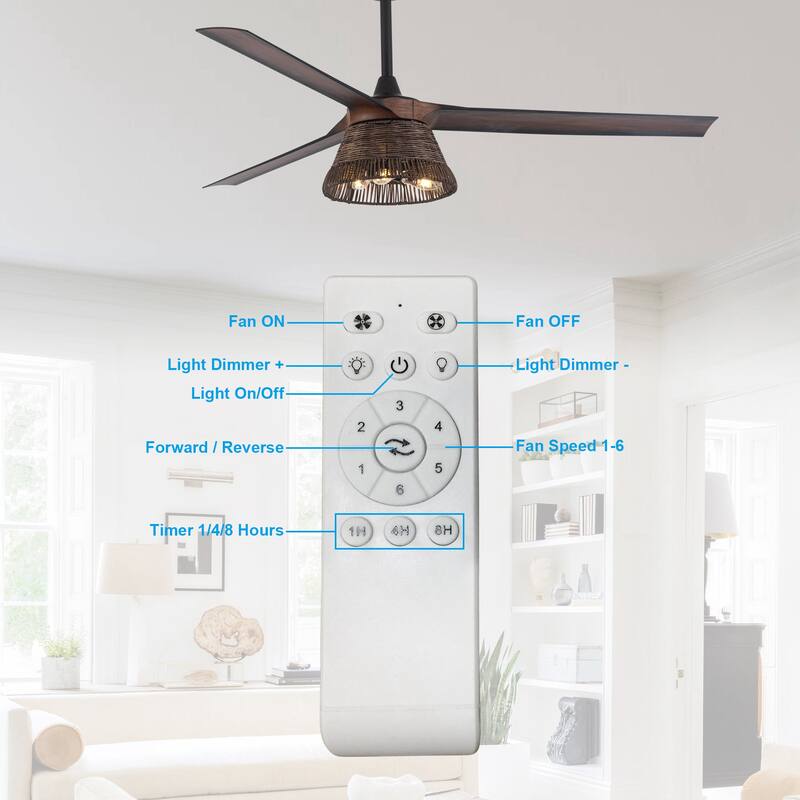 60" Natural 3-Blade Rattan LED Ceiling Fan with Remote and Light Kit