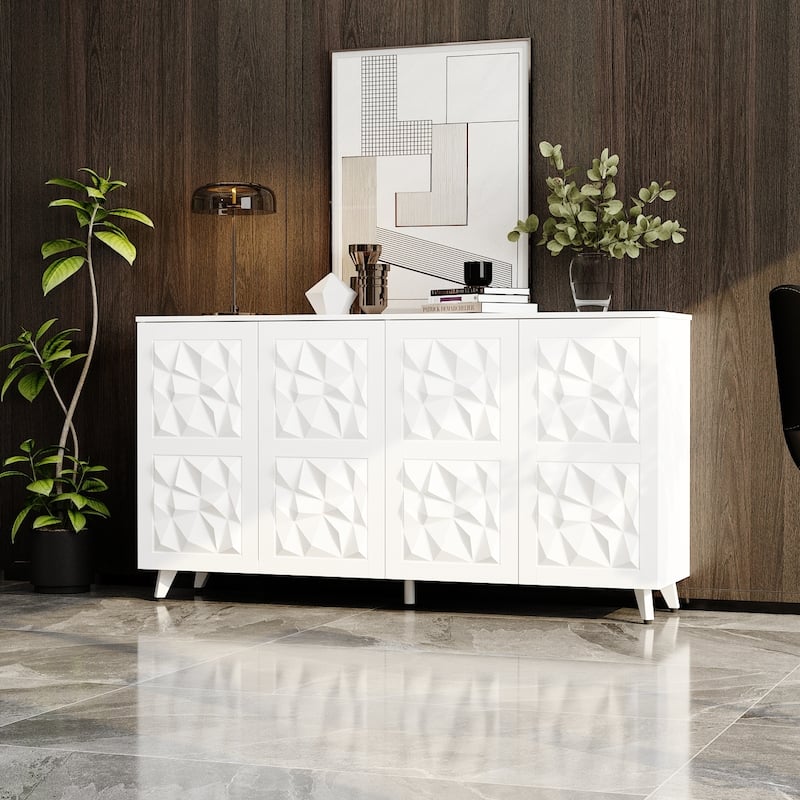 Geometric 4-Door Sideboard Buffet Cabinet with Adjustable Shelves, White Finish