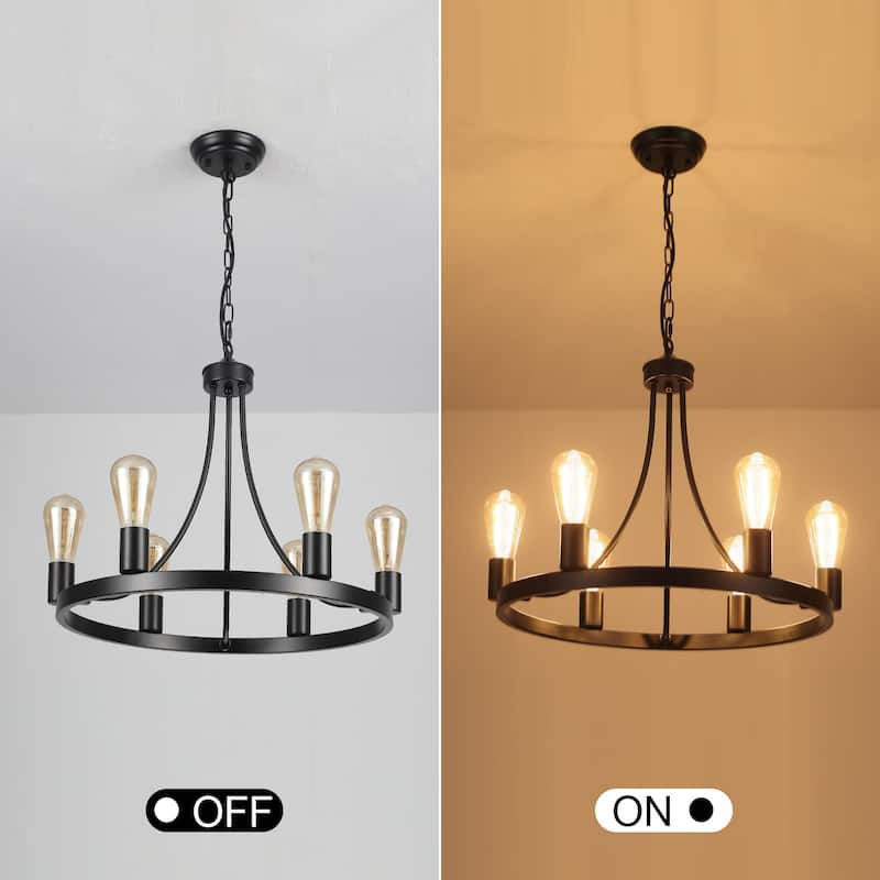 6-Light Farmhouse Metal Round Wagon Wheel Chandelier for Dining Room Living Room Bedroom Kitchen - 19.68'' D x 16.14'' H