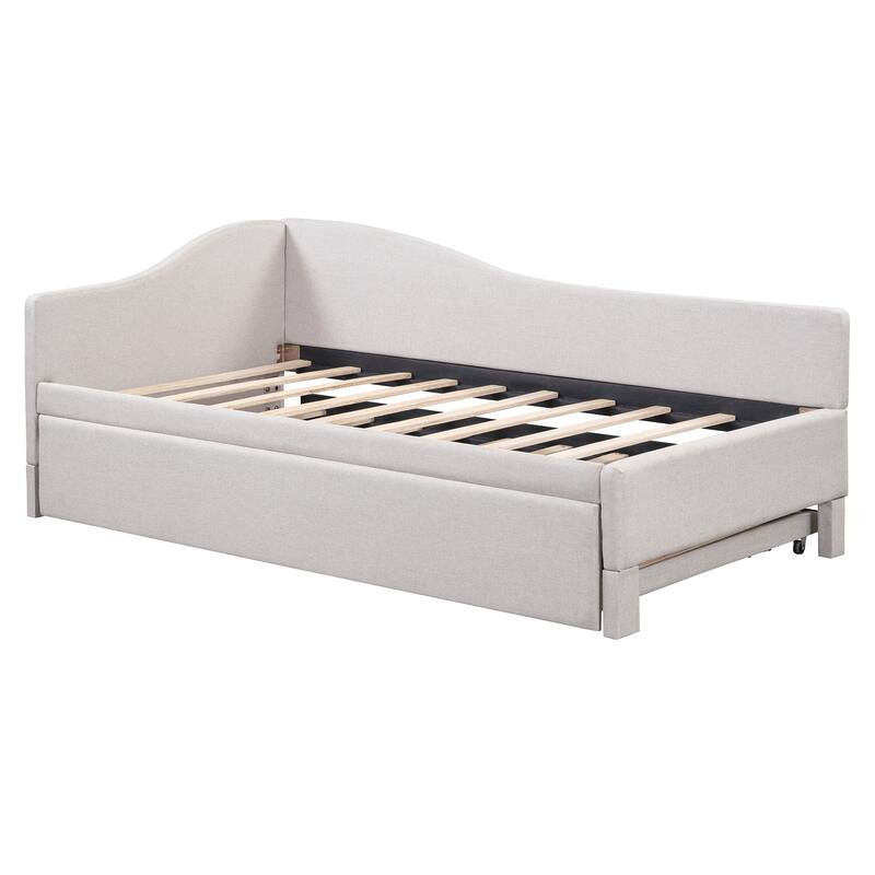 Twin Size L-Shaped Upholstered Daybed with Pop-Up Trundle, Beige