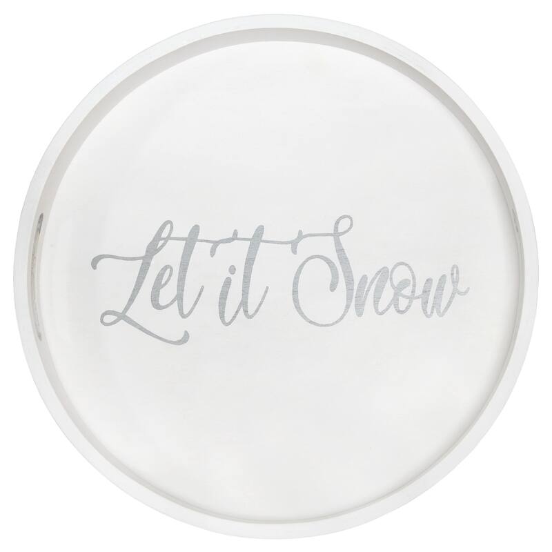 HomeRoots 14" White And Silver Let It Snow Round Serving Tray With Handles - 13.75 in. x 1.65 in. x 13.75 in.