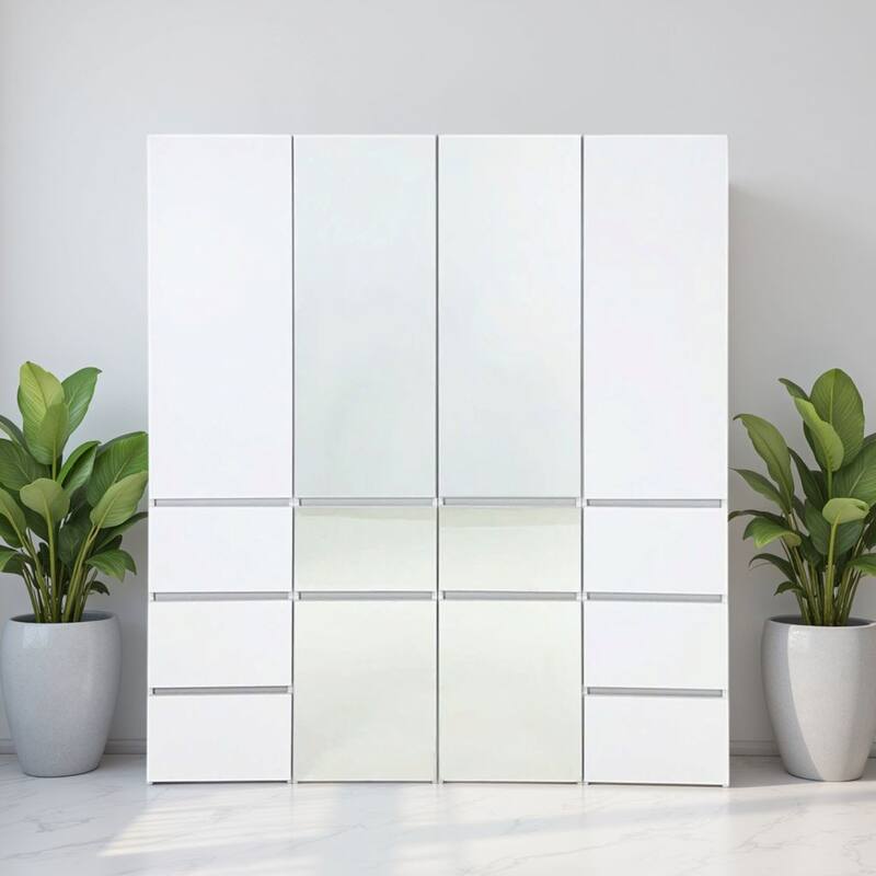 Ely Closet Cabinet Set, 2 Mirror Doors, 8 Drawers, 71 Inch, White Wood