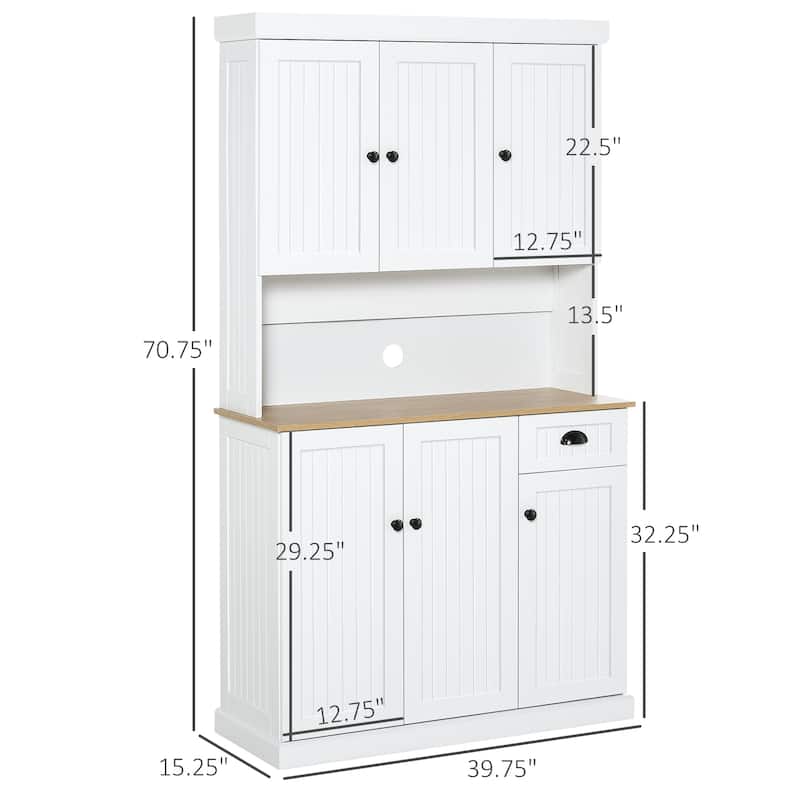 71" Buffet with Hutch, Modern Kitchen Pantry Storage Cabinet with Microwave Oven Countertop, Drawer, and Cupboard, White
