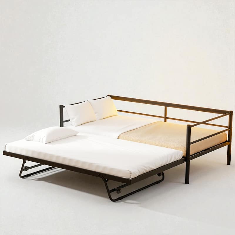 Twin Size Metal Daybed with Adjustable Pop-Up Trundle and LED Light Strip