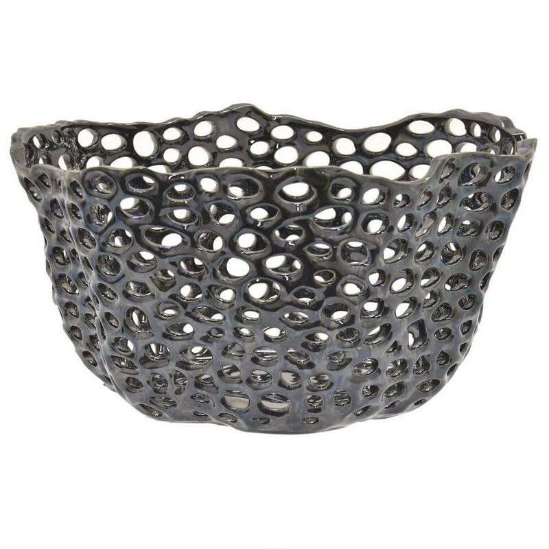Hina 14 Inch Decorative Bowl, Mesh Design, Wavy Edges, Ceramic Blue Finish