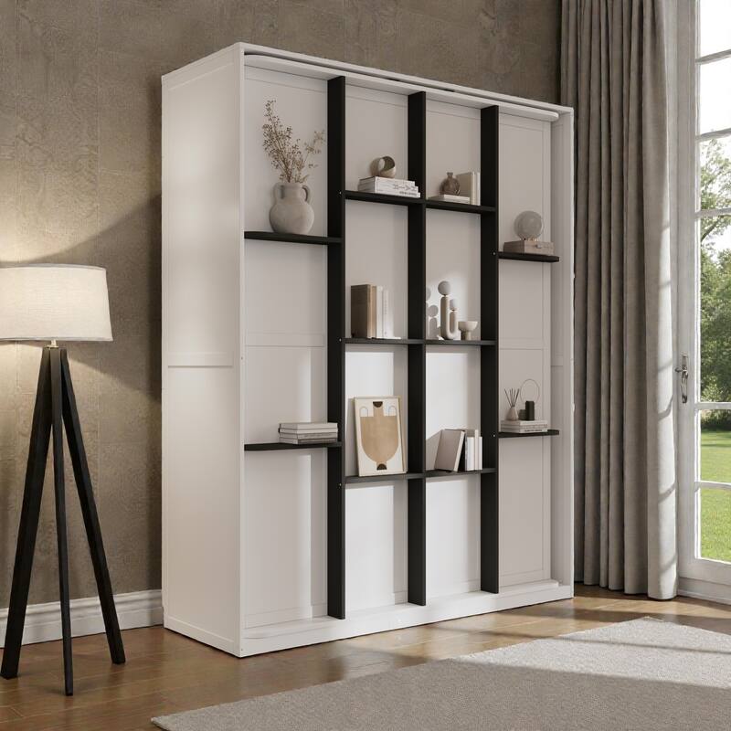 Rotating Queen Murphy Bed with Storage Shelves, 360 Degree Space Saving Wall Bed for Home Office