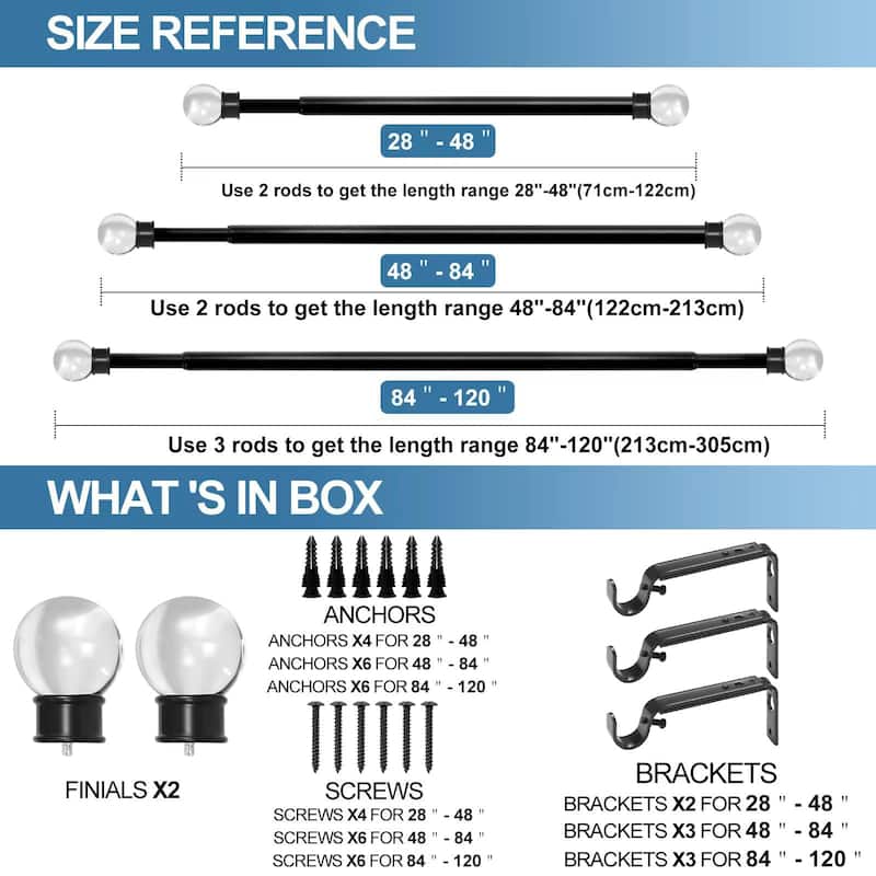 1-inch Diameter Crystal Ball Adjustable Single Drapery Curtain Rod
