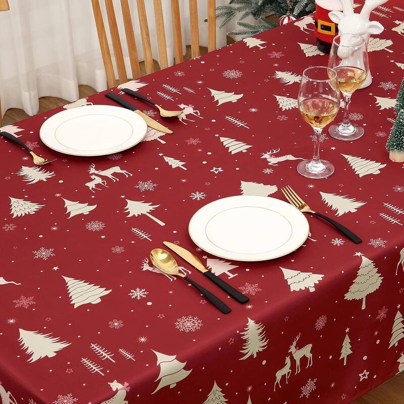Christmas Rectangular Tablecloth Waterproof Holiday Xmas Decor Red