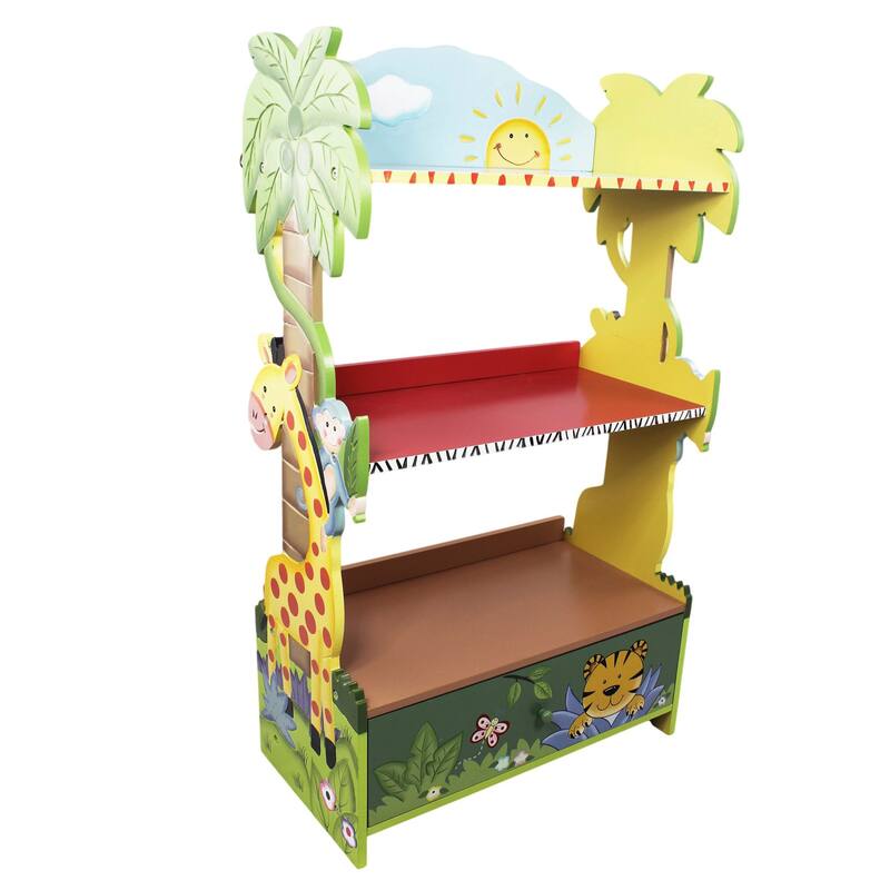 Fantasy Fields Sunny Safari Kids 3-Tier Bookshelf with Storage Drawer, Animal-Themed Wooden Bookcase for Toddlers and Children