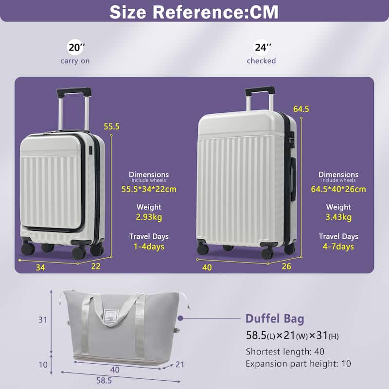 3-Piece Modern Front-Opening Luggage Expandable Luggage with USB Port and TSA Lock, for Boarding Travel, Grey+White