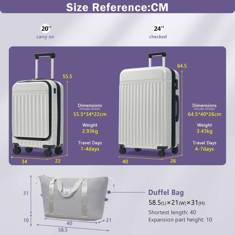 Front Opening Luggage Set 3 Piece,USB Port, Expandable Luggage with Handle Bag Spinner Wheels TSA Lock