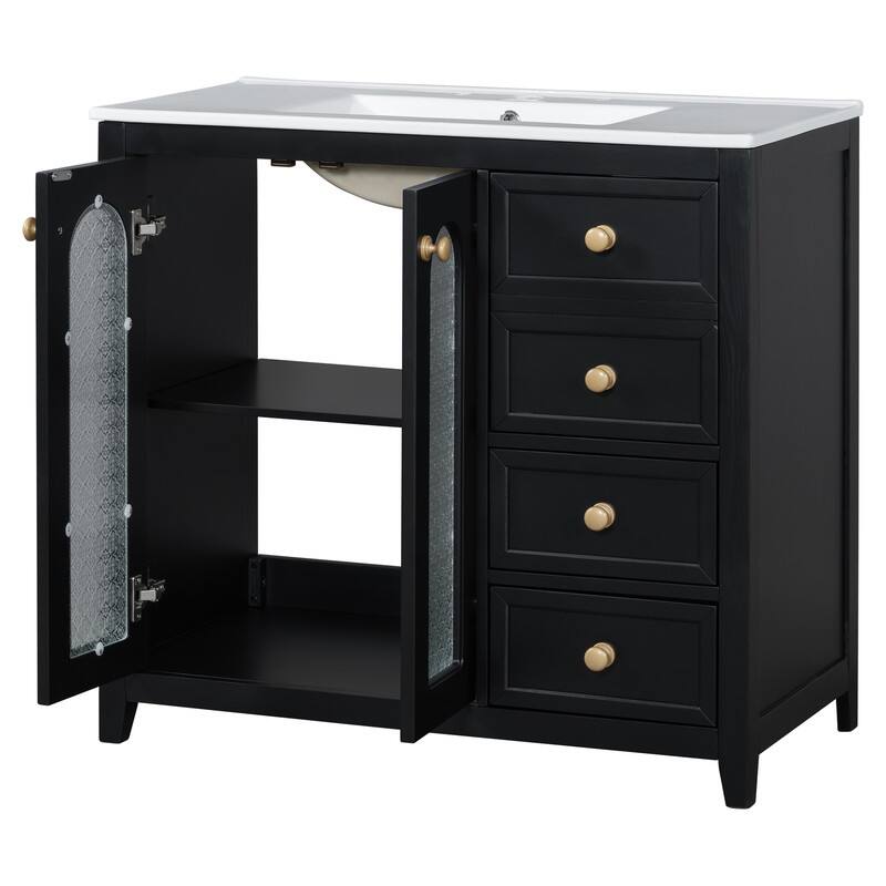 30''/36'' Bathroom Vanity with Sink, 3 Drawers Bathroom Storage Cabinet with Soft-Close Glass Door and Adjustable Shelf