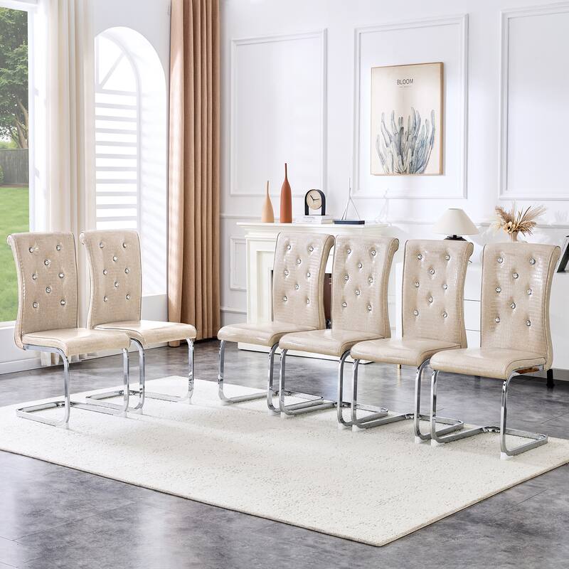 Set of 4, Retro Faux Alligator Skin Upholstered Dining Chairs, with Crystal Buckle Design and Faux Leather Design