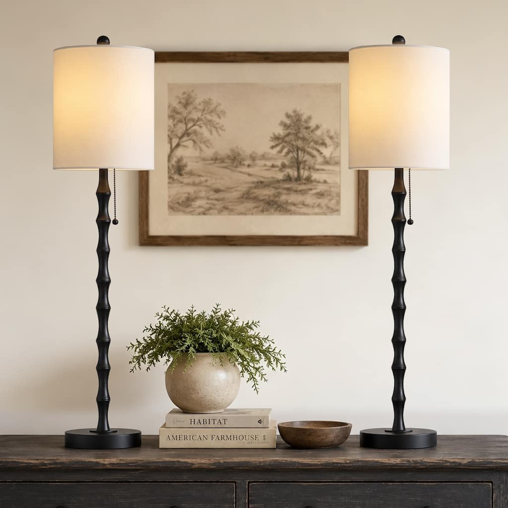 Black Bamboo‑Shaped Buffet Table Lamp Set of 2 with White Shades - 30 in. H