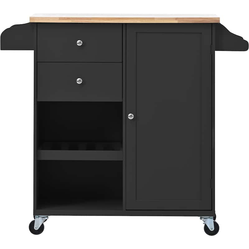Rubberwood Kitchen Cart with Drop Leaf, Internal Storage Rack, Towel Holder, Spice Rack, and 2 drawers